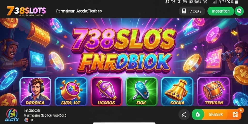 Tampilan gameplay 738SLOTS dengan mesin slot penuh warna dan fitur bonus.