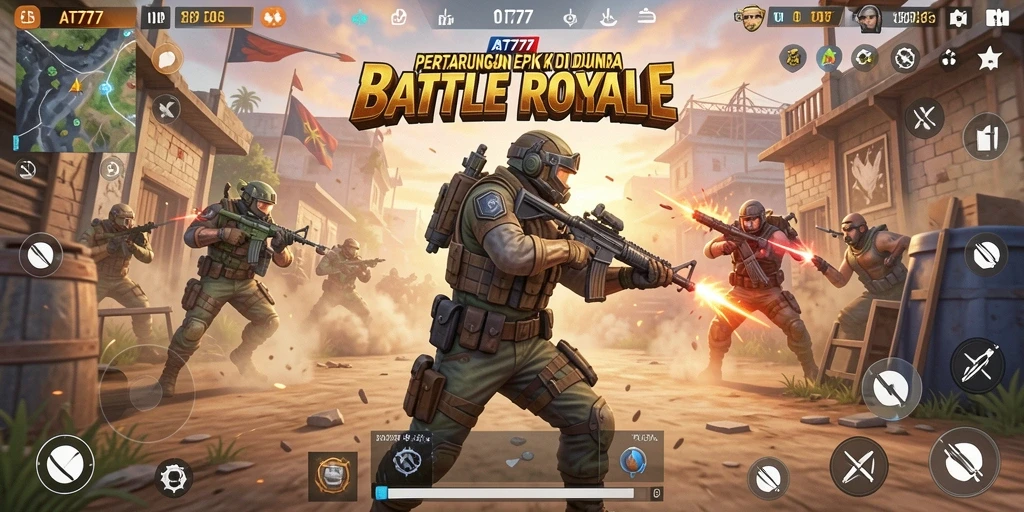 Screenshot AT777 menampilkan adu tembak seru di arena Battle Royale.