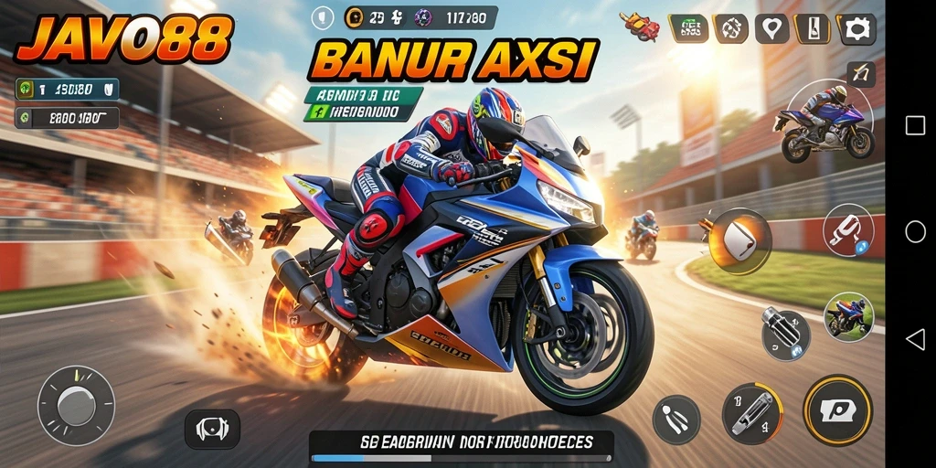 Screenshot utama JAVO88 menampilkan aksi balap motor yang mendebarkan di lintasan.