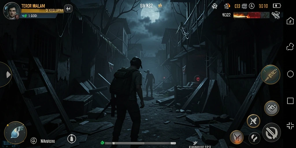 Tampilan gameplay menyeramkan dengan suasana gelap dan mencekam.