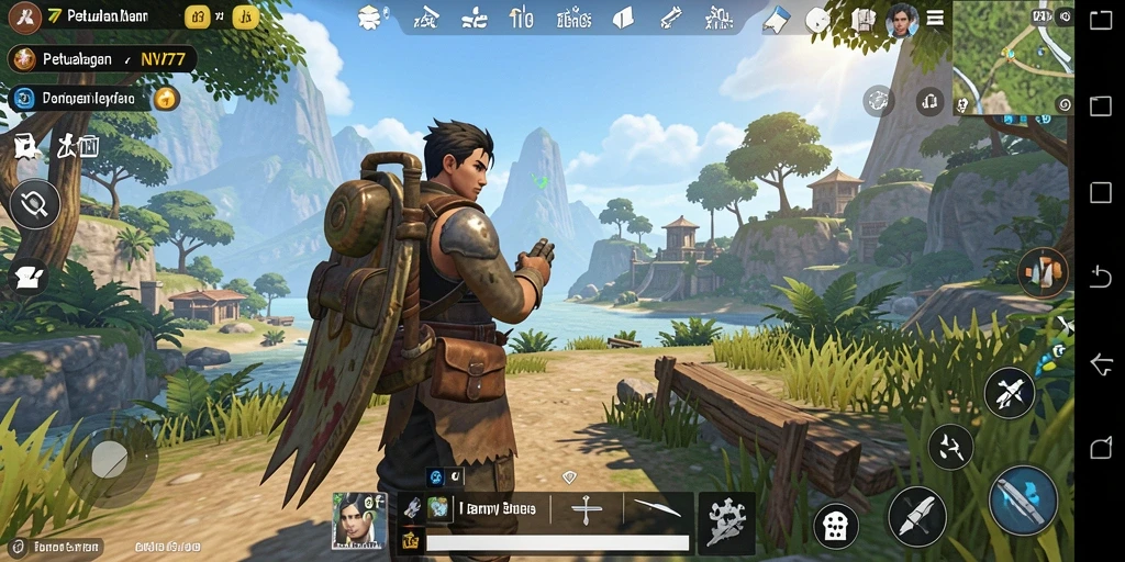Screenshot gameplay NV77 menampilkan eksplorasi dunia terbuka yang luas.