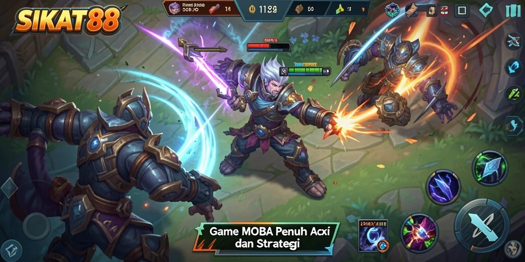 Screenshot dari gameplay SIKAT88 menampilkan aksi seru pertempuran MOBA.