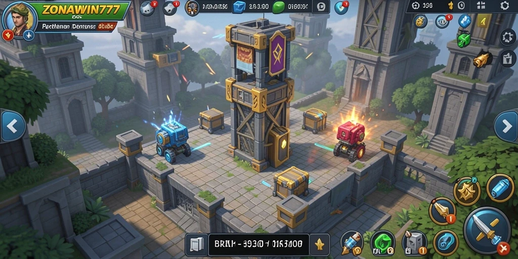 Tampilan gameplay menegangkan di ZONAWIN777 dengan menara dan musuh.